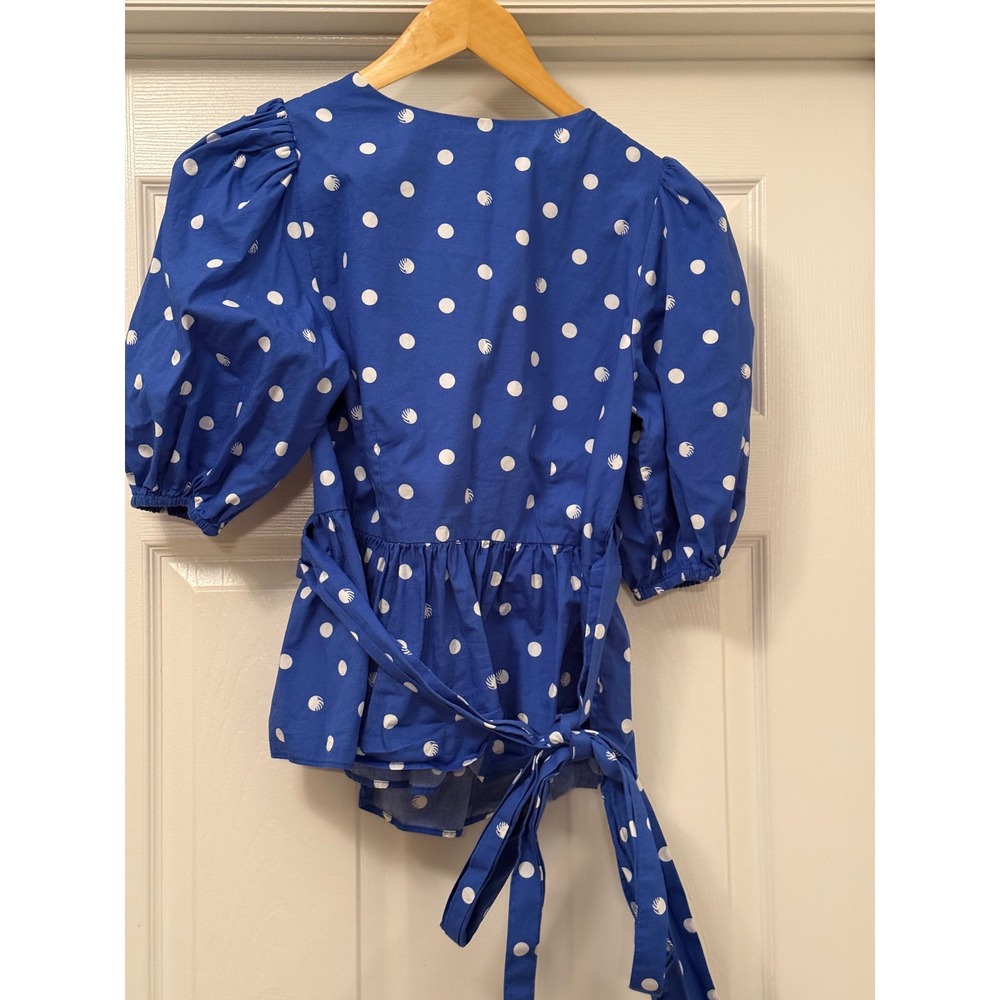 Lilly Pulitzer Wrap Top Women S Blue Polka Dot Shell Puff Sleeve Peplum Cotton - Picture 4 of 7